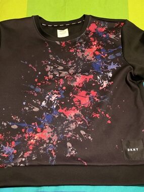 Men's DKNY Black Sweatshirt with Red and Blue Splash Graphic